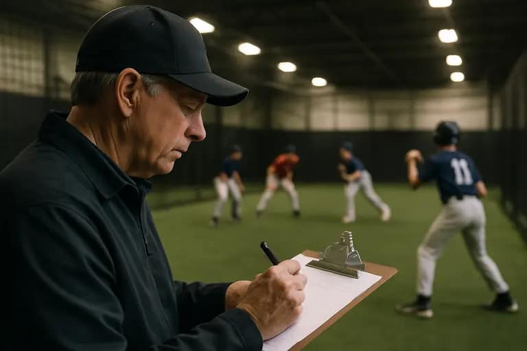 A prospect taking batting practice while coaches observe from near the cage