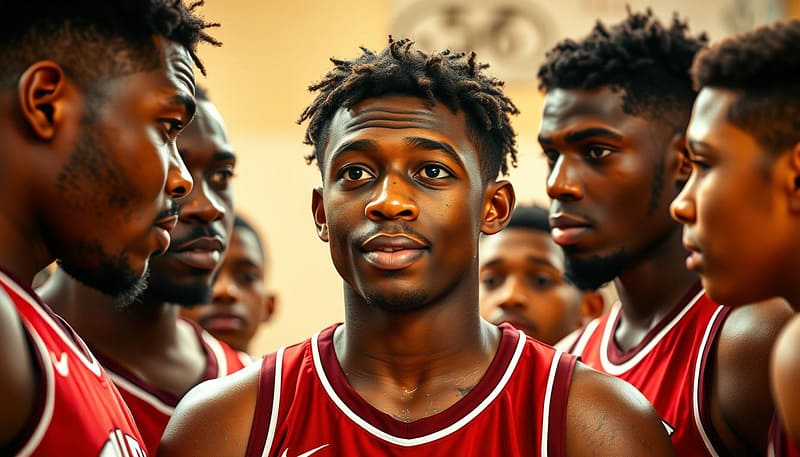 A close-up portrait of several Alabama basketball players engaged in off-court community service and outreach activities. In the foreground, players are interacting with local youth, mentoring and supporting them. The middle ground showcases the players participating in team-organized charity initiatives, such as visiting hospitals or volunteering at food banks. The background depicts the players' visible impact on the local community, with scenes of neighborhood revitalization projects or sports clinics they have led. The lighting is warm and natural, capturing the sincere, heartfelt nature of the players' off-court endeavors. The overall mood is one of positivity, empowerment and meaningful civic engagement. A close-up portrait of several Alabama basketball players engaged in off-court community service and outreach activities. In the foreground, players are interacting with local youth, mentoring and supporting them. The middle ground showcases the players participating in team-organized charity initiatives, such as visiting hospitals or volunteering at food banks. The background depicts the players' visible impact on the local community, with scenes of neighborhood revitalization projects or sports clinics they have led. The lighting is warm and natural, capturing the sincere, heartfelt nature of the players' off-court endeavors. The overall mood is one of positivity, empowerment and meaningful civic engagement.