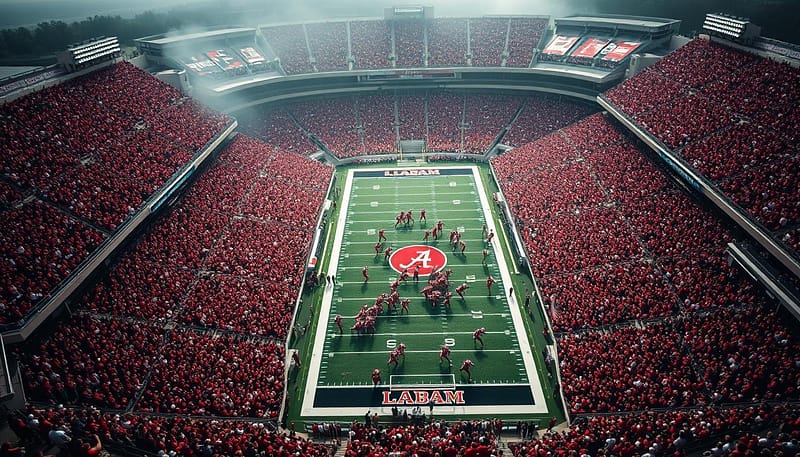 A dramatic, high-contrast aerial view of the University of Alabama's historic football stadium, filled with a frenzied sea of crimson-clad fans cheering on their Crimson Tide as they storm the field, their powerful running backs breaking through the line and exploding downfield in a blur of motion, capturing the electrifying energy and intensity of the greatest games and performances in Alabama's storied gridiron history. A dramatic, high-contrast aerial view of the University of Alabama's historic football stadium, filled with a frenzied sea of crimson-clad fans cheering on their Crimson Tide as they storm the field, their powerful running backs breaking through the line and exploding downfield in a blur of motion, capturing the electrifying energy and intensity of the greatest games and performances in Alabama's storied gridiron history.