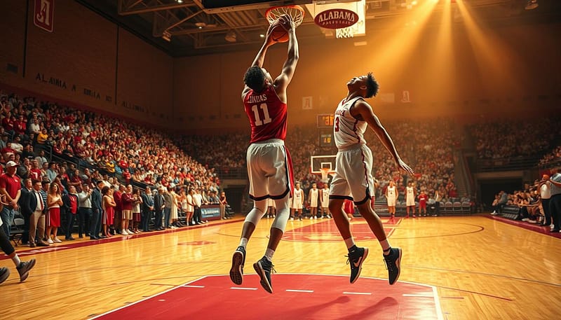 A dynamic basketball court bathed in warm, golden lighting. In the foreground, two young, talented players from the University of Alabama's men's basketball team rise up for a powerful dunk, their athletic bodies frozen mid-leap. In the middle ground, their teammates and coaches cheer them on, excitement palpable on their faces. The background showcases the iconic, brick-walled arena, filled with a raucous crowd clad in crimson and white. The scene captures the energy, passion, and promise of Alabama's modern basketball stars, poised to write the next chapter of the program's storied legacy.