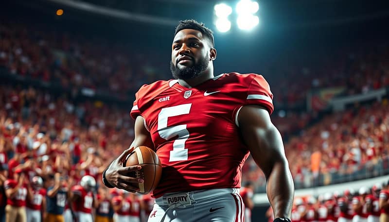 A dynamic portrait of Mark Ingram, the Heisman Trophy winner from Alabama, standing tall and proud in his crimson and white uniform, football in hand, captured under dramatic stadium lighting. His muscular frame radiates power and determination, the hard-earned results of his tireless training and dedication. The background blurs into a sea of crimson-clad fans, their roar of applause and adulation creating an electric atmosphere as Ingram's legacy as one of the greatest running backs in Crimson Tide history is immortalized.