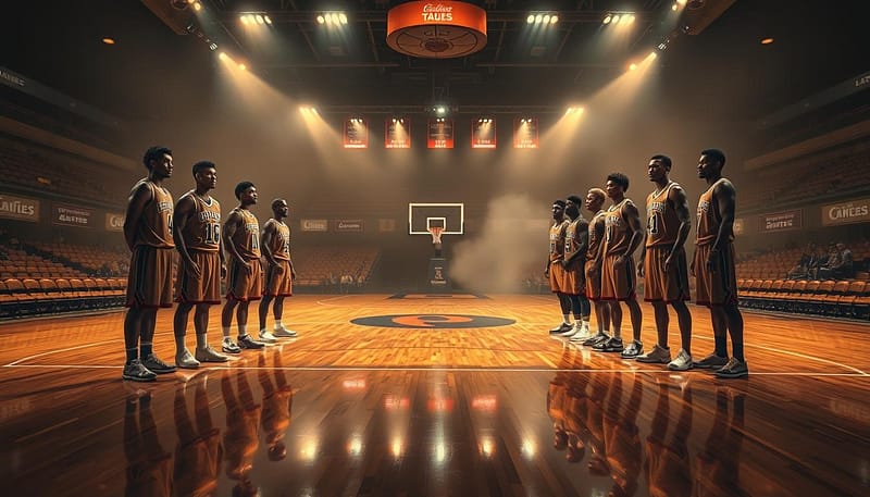 A grand basketball arena, dimly lit, with spotlights casting a warm, golden glow upon the hardwood court. In the foreground, legendary Crimson Tide players stand tall, their uniforms crisp and iconic, expressions etched with determination. In the middle ground, their images are reflected in the polished floor, creating a sense of depth and legacy. The background is shrouded in a hazy, atmospheric mist, hinting at the storied history and the countless victories that have unfolded within these hallowed walls. The scene evokes a sense of reverence and respect for the Crimson Tide basketball legends who have left an indelible mark on the sport. A grand basketball arena, dimly lit, with spotlights casting a warm, golden glow upon the hardwood court. In the foreground, legendary Crimson Tide players stand tall, their uniforms crisp and iconic, expressions etched with determination. In the middle ground, their images are reflected in the polished floor, creating a sense of depth and legacy. The background is shrouded in a hazy, atmospheric mist, hinting at the storied history and the countless victories that have unfolded within these hallowed walls. The scene evokes a sense of reverence and respect for the Crimson Tide basketball legends who have left an indelible mark on the sport.