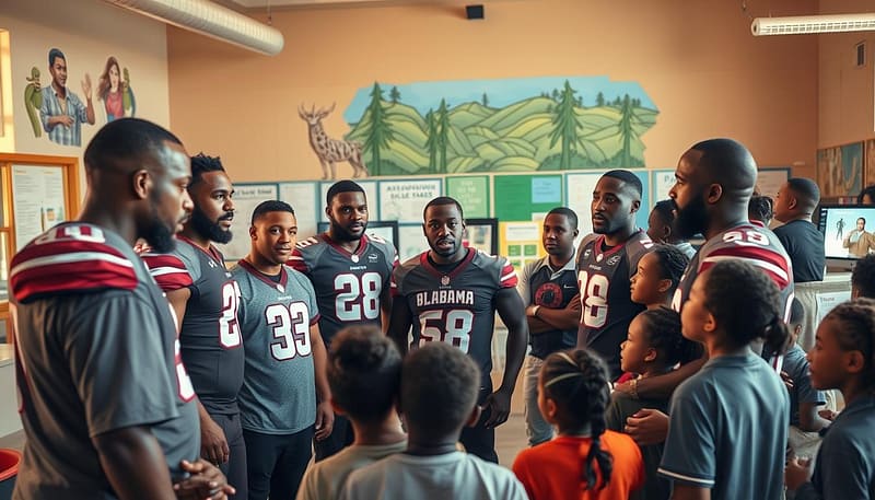 A group of Alabama NFL players gathered in a community center, engaged in meaningful conversations and activities with local youth. Warm, natural lighting illuminates the scene, capturing the sense of connection and impact. In the foreground, players mentor and inspire the next generation, their body language and expressions conveying genuine care and guidance. The middle ground features interactive educational stations, where players share their experiences and impart valuable life lessons. In the background, murals and displays showcase the players' philanthropic efforts and community involvement. An atmosphere of inspiration, empowerment, and a shared commitment to making a positive difference pervades the space. A group of Alabama NFL players gathered in a community center, engaged in meaningful conversations and activities with local youth. Warm, natural lighting illuminates the scene, capturing the sense of connection and impact. In the foreground, players mentor and inspire the next generation, their body language and expressions conveying genuine care and guidance. The middle ground features interactive educational stations, where players share their experiences and impart valuable life lessons. In the background, murals and displays showcase the players' philanthropic efforts and community involvement. An atmosphere of inspiration, empowerment, and a shared commitment to making a positive difference pervades the space.