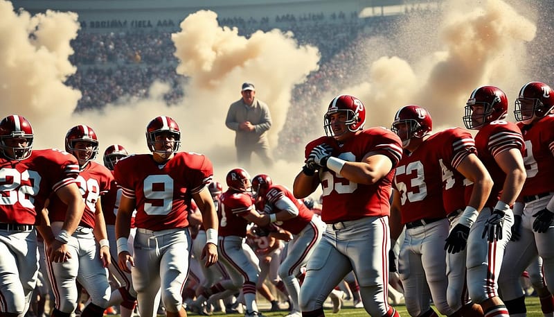 A group of legendary Alabama football players, their gridiron heroics frozen in time. Towering, muscular figures in crimson jerseys and white pants, their faces etched with determined expressions. In the foreground, the players stand tall, their athletic prowess radiating off the canvas. The middle ground captures them in action, locked in fierce battles, their bodies contorted with the strain of the game. In the background, a swirling cloud of dust and energy, the roar of the crowd palpable. Dramatic low-angle lighting casts dramatic shadows, emphasizing the raw power and intensity of these Alabama legends. A photograph imbued with the Crimson Tide's storied tradition of football excellence.