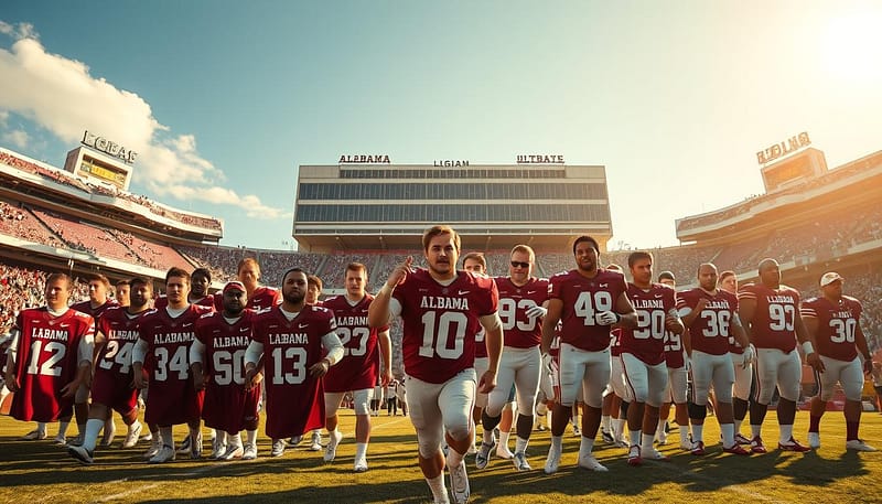 A sweeping timeline of Alabama's legendary team captains, captured in a dynamic and cinematic composition. In the foreground, a collection of jerseys representing each decade, with the captain's numbers and names prominently displayed. The middle ground features action poses of the captains, their determined expressions and heroic poses conveying the weight of their leadership. In the background, a majestic, sun-drenched football stadium, its towering stands and iconic architecture serving as a symbolic backdrop to the captains' legacies. The lighting is warm and golden, evoking a sense of nostalgia and pride. The overall scene radiates a powerful, inspiring atmosphere, capturing the enduring spirit of Alabama's greatest team leaders. A sweeping timeline of Alabama's legendary team captains, captured in a dynamic and cinematic composition. In the foreground, a collection of jerseys representing each decade, with the captain's numbers and names prominently displayed. The middle ground features action poses of the captains, their determined expressions and heroic poses conveying the weight of their leadership. In the background, a majestic, sun-drenched football stadium, its towering stands and iconic architecture serving as a symbolic backdrop to the captains' legacies. The lighting is warm and golden, evoking a sense of nostalgia and pride. The overall scene radiates a powerful, inspiring atmosphere, capturing the enduring spirit of Alabama's greatest team leaders.