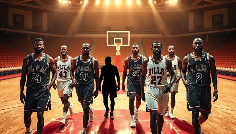 Historic Alabama NBA Alumni Pioneers: A majestic basketball court stands as the backdrop, bathed in warm, golden lighting. In the foreground, a group of legendary players from the state of Alabama stride confidently, their NBA jerseys emblazoned with iconic team logos. Their faces exude a sense of determination and pride, capturing the pioneering spirit that paved the way for future generations. The middle ground features a shadowy silhouette of a basketball player, symbolizing the passing of the torch to the next era. The scene radiates a timeless, cinematic quality, honoring the enduring legacy of these Alabama-born NBA trailblazers. Historic Alabama NBA Alumni Pioneers: A majestic basketball court stands as the backdrop, bathed in warm, golden lighting. In the foreground, a group of legendary players from the state of Alabama stride confidently, their NBA jerseys emblazoned with iconic team logos. Their faces exude a sense of determination and pride, capturing the pioneering spirit that paved the way for future generations. The middle ground features a shadowy silhouette of a basketball player, symbolizing the passing of the torch to the next era. The scene radiates a timeless, cinematic quality, honoring the enduring legacy of these Alabama-born NBA trailblazers.
