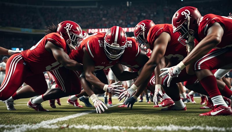 A close-up view of a tense Alabama defensive play during the SEC championship game, with players in crimson jerseys surging forward to stop the offense at the goal line. The scene is captured in dramatic, high-contrast lighting, creating a sense of intensity and drama. The players' expressions are focused and determined, their muscles straining as they collide with their opponents. The background is blurred, keeping the attention firmly on the action unfolding on the field. The camera angle is low, placing the viewer right in the heart of the action, immersed in the suspense of the critical goal line stand.