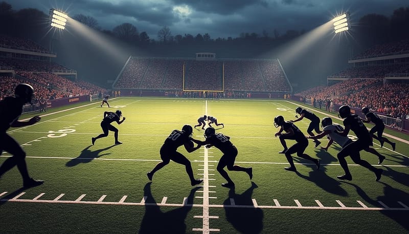A detailed defensive play diagram showcasing a famous goal line stand between Louisiana State University and the University of Alabama on a crisp autumn evening. In the foreground, player silhouettes engaged in a fierce struggle, their movements frozen in time, the shadows cast by floodlights creating a dramatic chiaroscuro effect. The middle ground features a meticulously rendered gridiron, the yard lines and hash marks precisely delineated, while the background fades into a hazy stadium atmosphere, the stands filled with the electric tension of the crowd. The scene is imbued with a sense of strategic intensity, the players' expressions focused, the stakes palpable, capturing the essence of a pivotal defensive triumph that cemented Alabama's storied legacy. A detailed defensive play diagram showcasing a famous goal line stand between Louisiana State University and the University of Alabama on a crisp autumn evening. In the foreground, player silhouettes engaged in a fierce struggle, their movements frozen in time, the shadows cast by floodlights creating a dramatic chiaroscuro effect. The middle ground features a meticulously rendered gridiron, the yard lines and hash marks precisely delineated, while the background fades into a hazy stadium atmosphere, the stands filled with the electric tension of the crowd. The scene is imbued with a sense of strategic intensity, the players' expressions focused, the stakes palpable, capturing the essence of a pivotal defensive triumph that cemented Alabama's storied legacy.