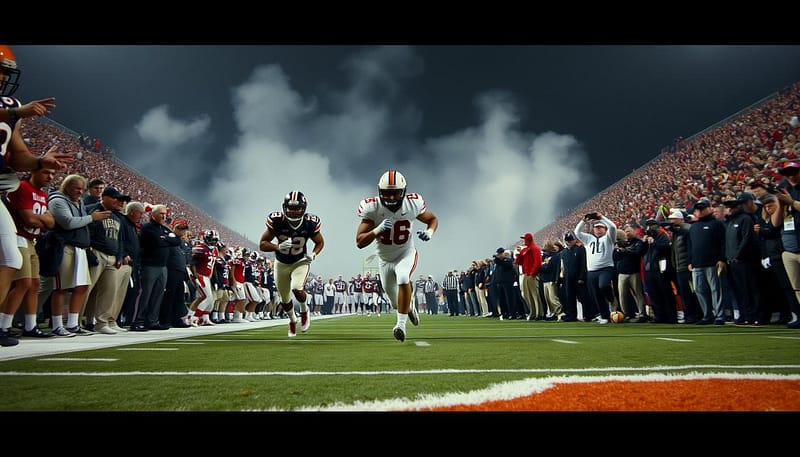 A dramatic low-angle shot of the climactic "Kick Six" moment during the 2013 Iron Bowl football game between Alabama and Auburn. In the foreground, the Auburn player scoops up the missed field goal attempt and begins his thrilling 109-yard return as the crowd erupts in celebration. The players are captured in mid-motion, their faces and uniforms detailed. The middle ground shows the stunned Alabama sideline and coaching staff, while the distant background depicts the packed stadium stands in a blurred, atmospheric haze, conveying the intense energy and emotion of the iconic upset. A dramatic low-angle shot of the climactic "Kick Six" moment during the 2013 Iron Bowl football game between Alabama and Auburn. In the foreground, the Auburn player scoops up the missed field goal attempt and begins his thrilling 109-yard return as the crowd erupts in celebration. The players are captured in mid-motion, their faces and uniforms detailed. The middle ground shows the stunned Alabama sideline and coaching staff, while the distant background depicts the packed stadium stands in a blurred, atmospheric haze, conveying the intense energy and emotion of the iconic upset.