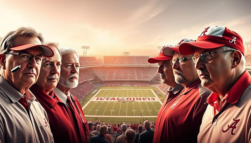 A grand and stately portrait showcasing the iconic Alabama championship coaching legacies. In the foreground, a lineup of legendary Crimson Tide head coaches, their expressions exuding confidence and determination. Meticulously detailed in their classic sideline attire, they stand tall and proud, commanding the respect of their players and legions of devoted fans. The middle ground features a panoramic view of Bryant-Denny Stadium, its towering stands and pristine field bathed in warm, golden light, reflecting the storied history and unparalleled success of Alabama football. In the background, a hazy, dreamlike skyline sets the scene, evoking the triumphant spirit and unwavering determination that has defined the Crimson Tide's championship-winning legacy for generations.