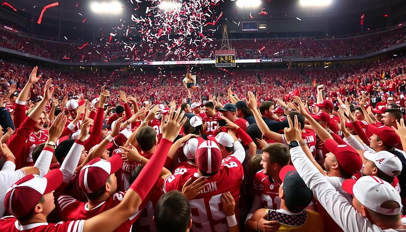 A jubilant scene of Alabama Crimson Tide fans celebrating their team's national championship victory. In the foreground, a crowd of elated supporters clad in crimson and white jerseys, hats, and face paint surge together, arms raised in triumph. In the middle ground, players and coaches embrace, exchanging celebratory high-fives and hugs against a backdrop of confetti-filled air and a sea of cheering fans. The stadium's bright floodlights cast a warm, triumphant glow over the entire celebration, capturing the electrifying atmosphere of this historic moment for the university and its passionate fanbase. A jubilant scene of Alabama Crimson Tide fans celebrating their team's national championship victory. In the foreground, a crowd of elated supporters clad in crimson and white jerseys, hats, and face paint surge together, arms raised in triumph. In the middle ground, players and coaches embrace, exchanging celebratory high-fives and hugs against a backdrop of confetti-filled air and a sea of cheering fans. The stadium's bright floodlights cast a warm, triumphant glow over the entire celebration, capturing the electrifying atmosphere of this historic moment for the university and its passionate fanbase.