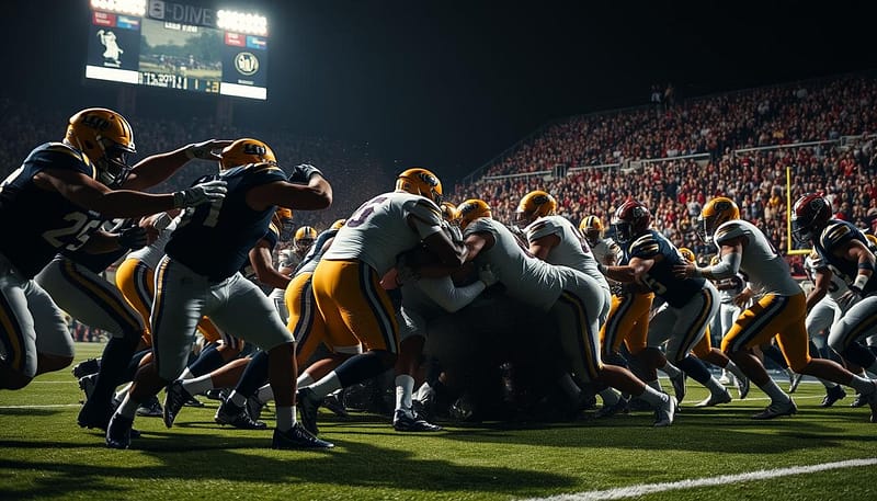 A gridiron clash between the formidable defenses of LSU and Alabama, captured in a cinematic wide-angle shot. On the field, linebacker and defensive linemen converge in a flurry of impact, their jerseys streaked with dirt and grass. Shadowy forms of players collide, their muscles straining as they fight for every yard. The stadium lights cast dramatic chiaroscuro lighting, illuminating the intensity of the struggle. The crowd's roar echoes through the scene, heightening the palpable tension. In the background, the scoreboard flashes the score, the stakes of this defensive duel hanging in the balance.