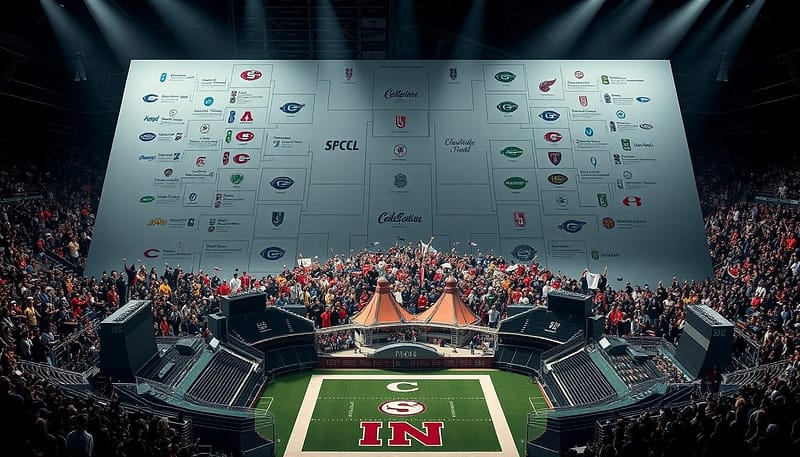 A massive conference realignment map dominates the foreground, conveying the sweeping changes in collegiate sports. In the middle ground, team logos and iconic stadiums clash, representing the institutional upheaval. The background features a swirling vortex of school colors, logos, and athletic gear, symbolizing the far-reaching impact on programs, fans, and the broader sports landscape. Dramatic lighting casts dramatic shadows, heightening the sense of disruption and uncertainty. The overall composition evokes the seismic shift in the power dynamics of collegiate athletics. A massive conference realignment map dominates the foreground, conveying the sweeping changes in collegiate sports. In the middle ground, team logos and iconic stadiums clash, representing the institutional upheaval. The background features a swirling vortex of school colors, logos, and athletic gear, symbolizing the far-reaching impact on programs, fans, and the broader sports landscape. Dramatic lighting casts dramatic shadows, heightening the sense of disruption and uncertainty. The overall composition evokes the seismic shift in the power dynamics of collegiate athletics.