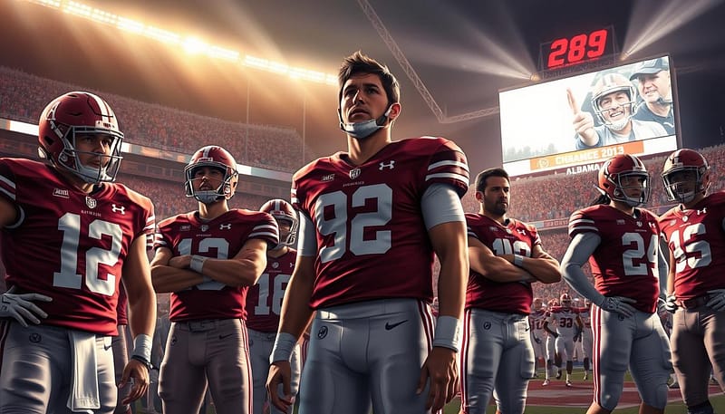 A breathtaking illustration of Alabama's championship seasons, showcasing their iconic players in an epic, cinematic style. In the foreground, legendary quarterbacks, running backs, and linemen stand tall, their expressions determined and their uniforms pristine. The middle ground features coaches pacing the sidelines, their brows furrowed as they strategize. In the background, a packed stadium roars with the excitement of the crowd, the bright lights of the scoreboard casting a warm glow over the scene. Dramatic, high-contrast lighting heightens the drama, with dynamic camera angles capturing the players in dynamic, larger-than-life poses. The overall mood is one of triumph, glory, and the unbreakable spirit of Alabama football.