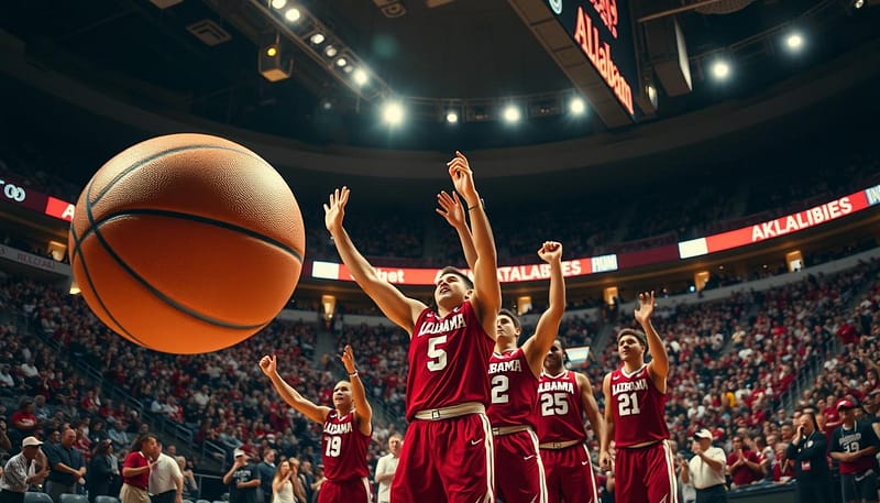 A dynamic composition depicting Alabama's SEC basketball championship glories. In the foreground, a basketball soars through the air, its leather surface catching the bright arena lights. Towering in the middle ground, players in crimson jerseys celebrate passionately, arms raised in triumph. In the background, the arena's tiered seating overflows with a sea of cheering fans, their collective joy palpable. The scene is bathed in a warm, celebratory glow, conveying the excitement and pride of Alabama's hard-earned conference titles. Crisp, high-contrast details capture the intensity of the moment, while a cinematic angle and lens flare add a sense of drama and significance to the image. A dynamic composition depicting Alabama's SEC basketball championship glories. In the foreground, a basketball soars through the air, its leather surface catching the bright arena lights. Towering in the middle ground, players in crimson jerseys celebrate passionately, arms raised in triumph. In the background, the arena's tiered seating overflows with a sea of cheering fans, their collective joy palpable. The scene is bathed in a warm, celebratory glow, conveying the excitement and pride of Alabama's hard-earned conference titles. Crisp, high-contrast details capture the intensity of the moment, while a cinematic angle and lens flare add a sense of drama and significance to the image.