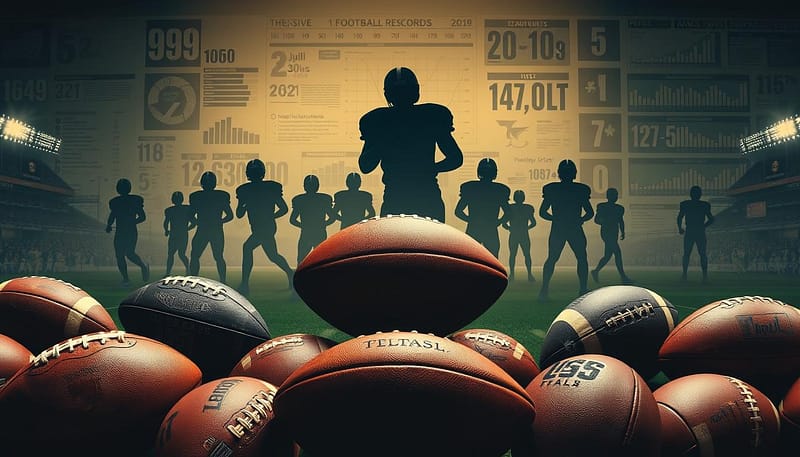 A sweeping panorama showcasing the evolution of NCAA football records across eras. In the foreground, a collection of historic footballs representing different decades, their surfaces worn and scuffed by the game's changing demands. In the middle ground, larger-than-life silhouettes of legendary players from past and present, their shadows cast against a dimly lit stadium backdrop. The background features a collage of statistical charts and infographics, tracing the incremental progress of offensive and defensive benchmarks, set and shattered over the years. The scene is bathed in a warm, nostalgic glow, evoking the timeless tradition and unrelenting pursuit of excellence that defines the sport.
