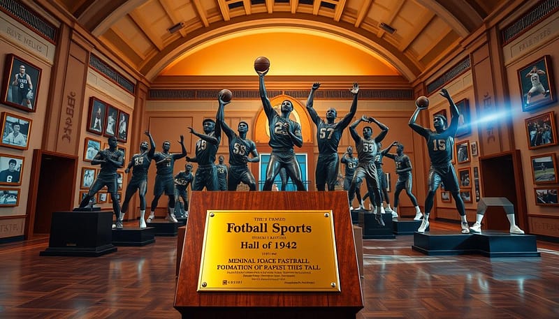 A grand hall of fame dedicated to multi-sport icons, showcasing distinguished athletes from both football and basketball. In the foreground, a polished wooden podium with a golden plaque detailing achievements. Midground features life-sized bronze statues of legendary players in dynamic action poses, dressed in professional sports gear, celebrating their iconic moments. Background includes a high, arched ceiling with soft, warm lighting illuminating the room, creating a welcoming yet prestigious atmosphere. Walls adorned with framed photos of iconic games and memorabilia. Subtle lens flare highlights the athletes and encourages a feeling of nostalgia and reverence. The overall mood is celebratory and inspirational, reflecting the legacy of great players across generations.