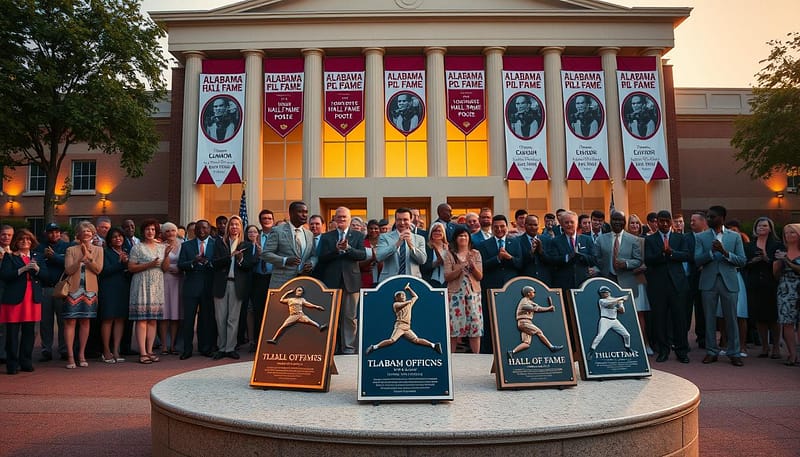 A grand image capturing the legacy of Alabama Sports Hall of Fame inductees. In the foreground, a circular pedestal proudly displays iconic plaques of legendary athletes, including a football player in a classic uniform, a basketball star in mid-jump, and a baseball legend holding a bat, all depicted in professional attire. The middle ground features a diverse group of well-dressed spectators, applauding and engaged, embodying admiration for the inductees. In the background, the Hall of Fame building is adorned with banners celebrating these athletes, bathed in warm golden hour lighting, enhancing the mood of honor and nostalgia. Use a wide-angle lens to ensure a sweeping view that conveys the atmosphere of legacy and celebration, with soft focus on the background to keep the attention on the prestigious inductees and their impressive legacy. A grand image capturing the legacy of Alabama Sports Hall of Fame inductees. In the foreground, a circular pedestal proudly displays iconic plaques of legendary athletes, including a football player in a classic uniform, a basketball star in mid-jump, and a baseball legend holding a bat, all depicted in professional attire. The middle ground features a diverse group of well-dressed spectators, applauding and engaged, embodying admiration for the inductees. In the background, the Hall of Fame building is adorned with banners celebrating these athletes, bathed in warm golden hour lighting, enhancing the mood of honor and nostalgia. Use a wide-angle lens to ensure a sweeping view that conveys the atmosphere of legacy and celebration, with soft focus on the background to keep the attention on the prestigious inductees and their impressive legacy.