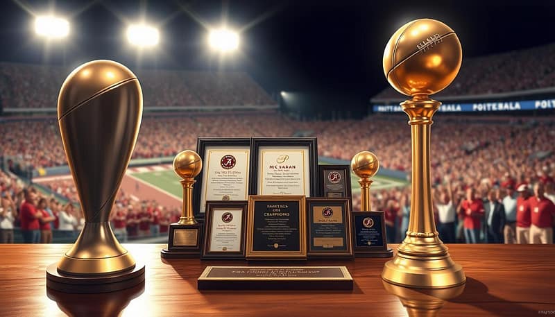A detailed illustration showcasing Nick Saban's unique coaching honors and records, featuring a large football trophy in the foreground, symbolizing his numerous championships. In the middle, display a collection of framed awards and accolades elegantly arranged on a polished wooden table, highlighting his prestigious achievements. In the background, a blurred image of a packed stadium filled with cheering fans under bright stadium lights, creating an electric atmosphere. The lighting should be warm and inviting, emphasizing the golden tones of the trophies and awards to exude a sense of triumph and legacy. The scene should evoke feelings of celebration and reverence, paying tribute to Saban's remarkable contributions to college football coaching. A detailed illustration showcasing Nick Saban's unique coaching honors and records, featuring a large football trophy in the foreground, symbolizing his numerous championships. In the middle, display a collection of framed awards and accolades elegantly arranged on a polished wooden table, highlighting his prestigious achievements. In the background, a blurred image of a packed stadium filled with cheering fans under bright stadium lights, creating an electric atmosphere. The lighting should be warm and inviting, emphasizing the golden tones of the trophies and awards to exude a sense of triumph and legacy. The scene should evoke feelings of celebration and reverence, paying tribute to Saban's remarkable contributions to college football coaching.