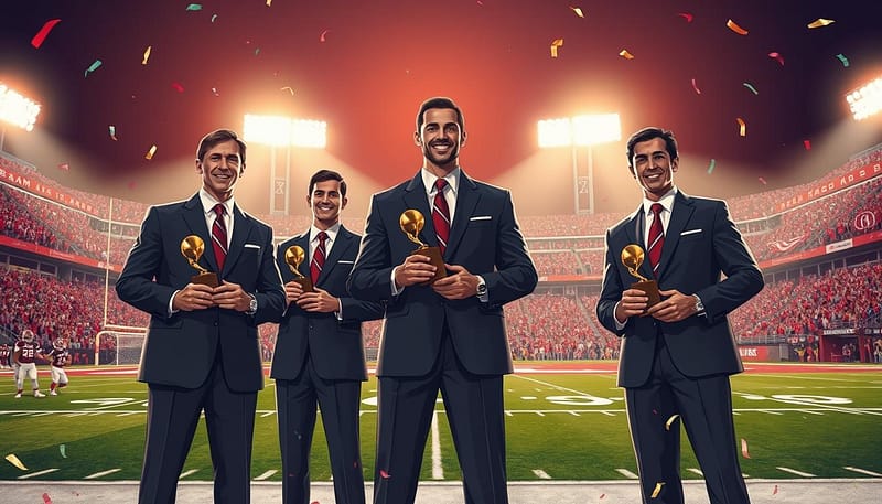 A dynamic illustration featuring Alabama's Heisman Award winners in a celebratory atmosphere. In the foreground, three iconic Heisman winners stand proudly, dressed in professional business attire, holding their trophies. The middle ground showcases a football field with goalposts and vibrant team banners, representing the University of Alabama's spirit. The background features a packed stadium under bright floodlights, illuminating the scene with a warm, golden glow, capturing the excitement of a game day. Emphasize a sense of camaraderie and achievement among the players, with confetti gently falling around them. The perspective is slightly low-angle, highlighting the players as heroes against the lively backdrop of fans cheering. The overall mood is inspiring and triumphant, celebrating their legendary careers. A dynamic illustration featuring Alabama's Heisman Award winners in a celebratory atmosphere. In the foreground, three iconic Heisman winners stand proudly, dressed in professional business attire, holding their trophies. The middle ground showcases a football field with goalposts and vibrant team banners, representing the University of Alabama's spirit. The background features a packed stadium under bright floodlights, illuminating the scene with a warm, golden glow, capturing the excitement of a game day. Emphasize a sense of camaraderie and achievement among the players, with confetti gently falling around them. The perspective is slightly low-angle, highlighting the players as heroes against the lively backdrop of fans cheering. The overall mood is inspiring and triumphant, celebrating their legendary careers.