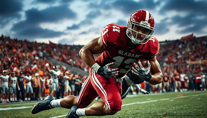 A dynamic scene showcasing a linebacker executing a signature play on the football field. In the foreground, a powerful athlete, clad in a crimson Alabama jersey and helmet, is mid-motion as he tackles an opponent, displaying intense concentration and athleticism. His muscles are defined, and the determination on his face is palpable. In the middle ground, a diverse crowd of excited fans is visible, with banners and team colors creating an electrifying atmosphere. The background features a stadium filled with bright lights illuminating the field under a twilight sky, enhancing the drama. Shot from a low angle to emphasize the action, the image captures the intensity and spirit of the game, evoking a sense of pride and excitement for defensive excellence in football. A dynamic scene showcasing a linebacker executing a signature play on the football field. In the foreground, a powerful athlete, clad in a crimson Alabama jersey and helmet, is mid-motion as he tackles an opponent, displaying intense concentration and athleticism. His muscles are defined, and the determination on his face is palpable. In the middle ground, a diverse crowd of excited fans is visible, with banners and team colors creating an electrifying atmosphere. The background features a stadium filled with bright lights illuminating the field under a twilight sky, enhancing the drama. Shot from a low angle to emphasize the action, the image captures the intensity and spirit of the game, evoking a sense of pride and excitement for defensive excellence in football.