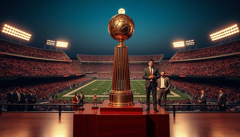 A majestic display celebrating the Heisman Trophy's legacy within football history. In the foreground, a polished Heisman Trophy, gleaming under soft golden spotlighting, stands on a rich mahogany pedestal. Surrounding it are miniature figures of Alabama’s notable Heisman winners, dressed in sharp professional attire, showcasing their achievements and pride. The middle ground features a dynamic football stadium with cheering fans, evoking a sense of historical significance and excitement. In the background, a clear night sky with a full moon adds a touch of grandeur. The lighting is dramatic yet warm, casting gentle shadows that enhance the atmosphere of reverence and celebration. The overall mood is victorious and inspirational, encapsulating the enduring legacy of the Heisman Trophy in college football. A majestic display celebrating the Heisman Trophy's legacy within football history. In the foreground, a polished Heisman Trophy, gleaming under soft golden spotlighting, stands on a rich mahogany pedestal. Surrounding it are miniature figures of Alabama’s notable Heisman winners, dressed in sharp professional attire, showcasing their achievements and pride. The middle ground features a dynamic football stadium with cheering fans, evoking a sense of historical significance and excitement. In the background, a clear night sky with a full moon adds a touch of grandeur. The lighting is dramatic yet warm, casting gentle shadows that enhance the atmosphere of reverence and celebration. The overall mood is victorious and inspirational, encapsulating the enduring legacy of the Heisman Trophy in college football.