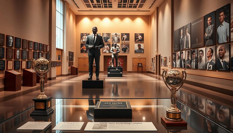 A vibrant athletic hall of fame showcasing dual-sport champions' achievements. In the foreground, a polished display case features trophies and awards symbolizing excellence in multiple sports, with vivid plaques and medals. The middle ground displays life-sized statues of distinguished athletes in poised poses, adorned in formal business attire, reflecting their dedication and success. The background consists of a softly lit, expansive hall with tall walls lined with photographs of legendary multi-sport athletes. Warm lighting highlights the grandeur of the space, while soft shadows create a serene, reverent atmosphere. An elegant, inviting perspective captures the essence of recognizing and celebrating remarkable achievements across disciplines, evoking a sense of inspiration and honor. A vibrant athletic hall of fame showcasing dual-sport champions' achievements. In the foreground, a polished display case features trophies and awards symbolizing excellence in multiple sports, with vivid plaques and medals. The middle ground displays life-sized statues of distinguished athletes in poised poses, adorned in formal business attire, reflecting their dedication and success. The background consists of a softly lit, expansive hall with tall walls lined with photographs of legendary multi-sport athletes. Warm lighting highlights the grandeur of the space, while soft shadows create a serene, reverent atmosphere. An elegant, inviting perspective captures the essence of recognizing and celebrating remarkable achievements across disciplines, evoking a sense of inspiration and honor.