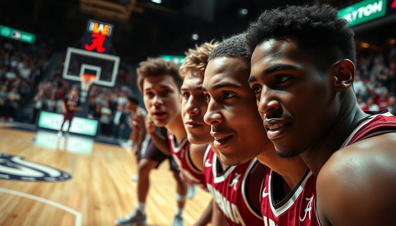 A close-up, cinéma vérité-style image of the Alabama basketball freshmen, their faces intense with determination, as they compete on the March Madness court. Dramatic low-angle lighting casts dramatic shadows, heightening the tension and energy of the moment. The court's polished hardwood surface reflects the players' movements, creating a sense of dynamism and fluidity. In the background, the stands are a blur of cheering fans, their roar palpable. The overall mood is one of raw, unbridled passion and the thrill of high-stakes competition. A close-up, cinéma vérité-style image of the Alabama basketball freshmen, their faces intense with determination, as they compete on the March Madness court. Dramatic low-angle lighting casts dramatic shadows, heightening the tension and energy of the moment. The court's polished hardwood surface reflects the players' movements, creating a sense of dynamism and fluidity. In the background, the stands are a blur of cheering fans, their roar palpable. The overall mood is one of raw, unbridled passion and the thrill of high-stakes competition.