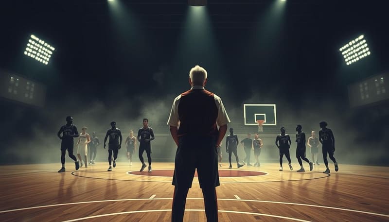A dimly lit basketball court, the shadows cast by a single spotlight creating a dramatic atmosphere. In the foreground, the legendary coach "Wimp" Sanderson stands tall, his iconic crimson-and-white Alabama uniform capturing the essence of the Crimson Tide's golden era. Surrounding him, ghostly silhouettes of past players, their movements frozen in time, paying homage to the coach who led them to glory. In the background, a hazy, nostalgic rendering of the historic Coleman Coliseum, its grandeur a testament to the enduring legacy of Alabama basketball under Wimp's guidance. The scene is imbued with a sense of reverence and the weight of history, capturing the spirit of the "Wimp Sanderson: The Golden Era" section. A dimly lit basketball court, the shadows cast by a single spotlight creating a dramatic atmosphere. In the foreground, the legendary coach "Wimp" Sanderson stands tall, his iconic crimson-and-white Alabama uniform capturing the essence of the Crimson Tide's golden era. Surrounding him, ghostly silhouettes of past players, their movements frozen in time, paying homage to the coach who led them to glory. In the background, a hazy, nostalgic rendering of the historic Coleman Coliseum, its grandeur a testament to the enduring legacy of Alabama basketball under Wimp's guidance. The scene is imbued with a sense of reverence and the weight of history, capturing the spirit of the "Wimp Sanderson: The Golden Era" section.