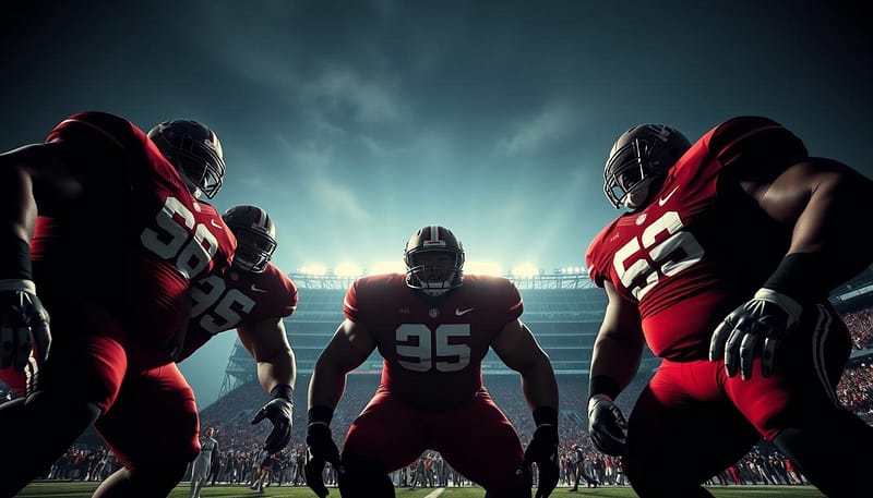 A dramatic, cinematic image depicting the legendary defensive line of the University of Alabama Crimson Tide football team. In the foreground, three towering, muscular players in crimson uniforms stand tall, their expressions intense as they surge forward, ready to overwhelm the offense. Behind them, the iconic Bryant-Denny Stadium looms, its towering steel and concrete structure casting long shadows across the field. The lighting is dramatic, with deep shadows and highlights that accentuate the players' powerful physiques and determined expressions. The angle is low, looking up at the players, conveying their sheer size and dominance. The atmosphere is one of unstoppable defensive might, a testament to Alabama's rich history of producing elite defensive line talent. A dramatic, cinematic image depicting the legendary defensive line of the University of Alabama Crimson Tide football team. In the foreground, three towering, muscular players in crimson uniforms stand tall, their expressions intense as they surge forward, ready to overwhelm the offense. Behind them, the iconic Bryant-Denny Stadium looms, its towering steel and concrete structure casting long shadows across the field. The lighting is dramatic, with deep shadows and highlights that accentuate the players' powerful physiques and determined expressions. The angle is low, looking up at the players, conveying their sheer size and dominance. The atmosphere is one of unstoppable defensive might, a testament to Alabama's rich history of producing elite defensive line talent.