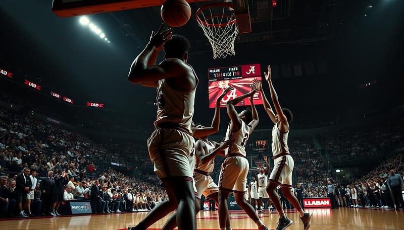 A dramatic, cinematic scene of historic Alabama basketball defensive moments. In the foreground, a determined player makes a crucial block or steal, their muscular frame silhouetted against the court's bright lights. In the middle ground, teammates rotate and contest shots, their defensive intensity palpable. The background showcases the packed arena, fans on the edge of their seats, creating an electric atmosphere of defensive stands and gritty possessions. Dramatic shadows, high-contrast lighting, and a sense of motion and urgency permeate the image, capturing the pivotal defensive plays that have defined Crimson Tide basketball. A dramatic, cinematic scene of historic Alabama basketball defensive moments. In the foreground, a determined player makes a crucial block or steal, their muscular frame silhouetted against the court's bright lights. In the middle ground, teammates rotate and contest shots, their defensive intensity palpable. The background showcases the packed arena, fans on the edge of their seats, creating an electric atmosphere of defensive stands and gritty possessions. Dramatic shadows, high-contrast lighting, and a sense of motion and urgency permeate the image, capturing the pivotal defensive plays that have defined Crimson Tide basketball.