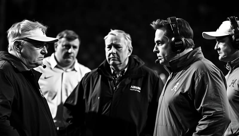 A dramatic high-contrast black and white photograph of Alabama football coaches, captured in a decisive moment during a heated sideline discussion. The foreground features the stern, intense expressions of three legendary coaches - Bear Bryant, Nick Saban, and an unidentified figure from the past - engaged in a tense exchange, their body language conveying the gravity of the situation. The middle ground is slightly blurred, creating a sense of motion and urgency, while the background is shrouded in deep shadows, emphasizing the coaches' solitary focus. Dramatic lighting casts dramatic shadows, heightening the tension and drama of the scene. The image is shot from a low angle, adding a sense of power and authority to the coaches' presence. A dramatic high-contrast black and white photograph of Alabama football coaches, captured in a decisive moment during a heated sideline discussion. The foreground features the stern, intense expressions of three legendary coaches - Bear Bryant, Nick Saban, and an unidentified figure from the past - engaged in a tense exchange, their body language conveying the gravity of the situation. The middle ground is slightly blurred, creating a sense of motion and urgency, while the background is shrouded in deep shadows, emphasizing the coaches' solitary focus. Dramatic lighting casts dramatic shadows, heightening the tension and drama of the scene. The image is shot from a low angle, adding a sense of power and authority to the coaches' presence.