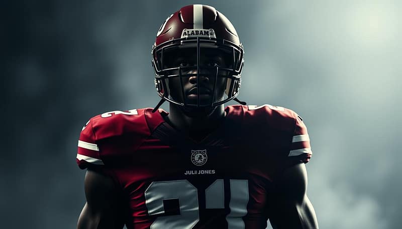 A dynamic, atmospheric portrait of Julio Jones, the legendary Alabama wide receiver, in his NFL uniform. Centered in the frame, Jones stands tall, his muscular frame and intense gaze commanding attention. The lighting is dramatic, casting shadows that accentuate his athletic features. The background is blurred, allowing the viewer to focus solely on the player, who appears to be in motion, capturing the energy and speed that defined his playing style. The image conveys a sense of power, determination, and the reverence with which Jones is regarded as one of the greatest Alabama wide receivers of all time. A dynamic, atmospheric portrait of Julio Jones, the legendary Alabama wide receiver, in his NFL uniform. Centered in the frame, Jones stands tall, his muscular frame and intense gaze commanding attention. The lighting is dramatic, casting shadows that accentuate his athletic features. The background is blurred, allowing the viewer to focus solely on the player, who appears to be in motion, capturing the energy and speed that defined his playing style. The image conveys a sense of power, determination, and the reverence with which Jones is regarded as one of the greatest Alabama wide receivers of all time.
