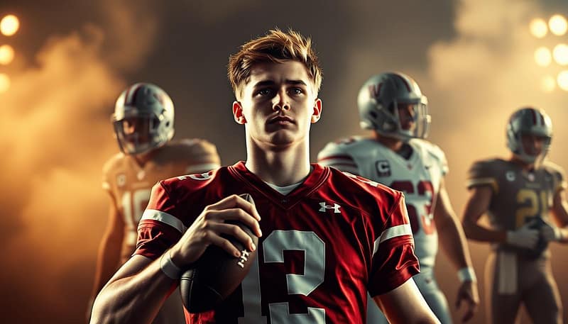 A dynamic group portrait of Alabama's legendary quarterbacks, captured in a dramatic, cinematic style. In the foreground, Bryce Young stands tall, his powerful throwing motion and determined gaze capturing the essence of the Crimson Tide's most recent Heisman Trophy winner. Behind him, the ghostly figures of past greats like Joe Namath, Kenny Stabler, and AJ McCarron loom, their iconic silhouettes serving as a testament to the storied legacy of Alabama's quarterback lineage. The scene is bathed in a warm, golden light, casting a nostalgic glow over the entire composition. The background is blurred, focusing the viewer's attention on the central figures and the sense of history and tradition they represent. A dynamic group portrait of Alabama's legendary quarterbacks, captured in a dramatic, cinematic style. In the foreground, Bryce Young stands tall, his powerful throwing motion and determined gaze capturing the essence of the Crimson Tide's most recent Heisman Trophy winner. Behind him, the ghostly figures of past greats like Joe Namath, Kenny Stabler, and AJ McCarron loom, their iconic silhouettes serving as a testament to the storied legacy of Alabama's quarterback lineage. The scene is bathed in a warm, golden light, casting a nostalgic glow over the entire composition. The background is blurred, focusing the viewer's attention on the central figures and the sense of history and tradition they represent.