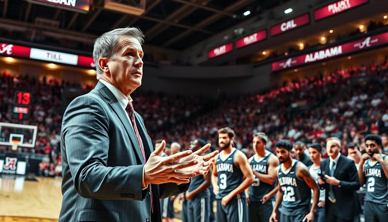 A dynamic, high-energy basketball court scene showcasing Nate Oats, the current head coach of the University of Alabama's men's basketball team. In the foreground, Oats is intently directing his players, his hands gesturing with purpose as he outlines his game strategy. The middle ground features the Alabama players, their faces determined as they listen intently to their coach's instructions. In the background, the packed arena is alive with cheering fans, their energy and enthusiasm palpable. Dramatic overhead lighting casts sharp shadows, emphasizing the intensity of the moment. The overall composition conveys Oats' pivotal role in elevating Alabama basketball to new heights, his innovative coaching style shaping the team's success. A dynamic, high-energy basketball court scene showcasing Nate Oats, the current head coach of the University of Alabama's men's basketball team. In the foreground, Oats is intently directing his players, his hands gesturing with purpose as he outlines his game strategy. The middle ground features the Alabama players, their faces determined as they listen intently to their coach's instructions. In the background, the packed arena is alive with cheering fans, their energy and enthusiasm palpable. Dramatic overhead lighting casts sharp shadows, emphasizing the intensity of the moment. The overall composition conveys Oats' pivotal role in elevating Alabama basketball to new heights, his innovative coaching style shaping the team's success.