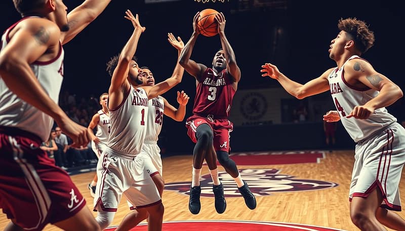 A group of Alabama basketball defensive players aggressively contesting a possession, their intense expressions and focused body language capturing the intensity of the game. Crisp, high-contrast lighting illuminates their muscular frames as they leap and stretch, their uniforms billowing dramatically. The court's hardwood surface extends into the background, with the team's logo visible in the distance, adding a sense of place and team identity. The overall mood is one of fierce determination and immediate, tangible impact on the game. A group of Alabama basketball defensive players aggressively contesting a possession, their intense expressions and focused body language capturing the intensity of the game. Crisp, high-contrast lighting illuminates their muscular frames as they leap and stretch, their uniforms billowing dramatically. The court's hardwood surface extends into the background, with the team's logo visible in the distance, adding a sense of place and team identity. The overall mood is one of fierce determination and immediate, tangible impact on the game.