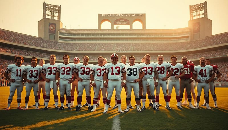 A group of Alabama legendary quarterbacks, standing tall and proud on a grassy field, with the iconic Bryant-Denny Stadium looming in the background. The scene is bathed in warm, golden light, casting a nostalgic glow over the players. In the foreground, legendary figures like Joe Namath, Ken Stabler, and Bart Starr are positioned, their faces filled with determination and pride. The middle ground features other notable Alabama quarterbacks, their uniforms crisp and their stances commanding. The background showcases the grandeur of the stadium, its towering arches and architectural details providing a grand, historic backdrop to this assemblage of Alabama football greats. A group of Alabama legendary quarterbacks, standing tall and proud on a grassy field, with the iconic Bryant-Denny Stadium looming in the background. The scene is bathed in warm, golden light, casting a nostalgic glow over the players. In the foreground, legendary figures like Joe Namath, Ken Stabler, and Bart Starr are positioned, their faces filled with determination and pride. The middle ground features other notable Alabama quarterbacks, their uniforms crisp and their stances commanding. The background showcases the grandeur of the stadium, its towering arches and architectural details providing a grand, historic backdrop to this assemblage of Alabama football greats.