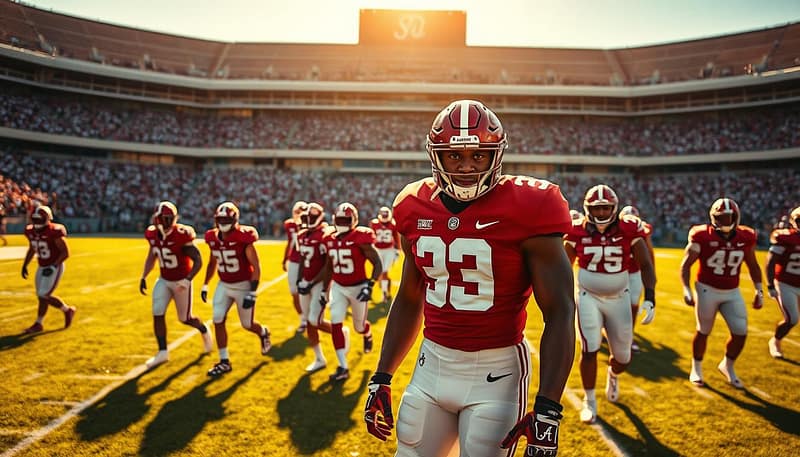 A group of Alabama's top defensive players stand tall and formidable on a lush, verdant field, illuminated by warm, golden sunlight. In the foreground, star linebacker Will Anderson Jr. leads the pack, his intense gaze and powerful physique radiating determination. Surrounding him are other standout defenders, their uniforms crisp and their movements fluid, as they prepare to shut down any offensive threat. The background features the iconic Bryant-Denny Stadium, its towering stands and scoreboard casting a sense of grand legacy and championship pedigree. The overall scene exudes the tenacious spirit and relentless pursuit of excellence that has defined Alabama's defensive dominance in the modern era. A group of Alabama's top defensive players stand tall and formidable on a lush, verdant field, illuminated by warm, golden sunlight. In the foreground, star linebacker Will Anderson Jr. leads the pack, his intense gaze and powerful physique radiating determination. Surrounding him are other standout defenders, their uniforms crisp and their movements fluid, as they prepare to shut down any offensive threat. The background features the iconic Bryant-Denny Stadium, its towering stands and scoreboard casting a sense of grand legacy and championship pedigree. The overall scene exudes the tenacious spirit and relentless pursuit of excellence that has defined Alabama's defensive dominance in the modern era.