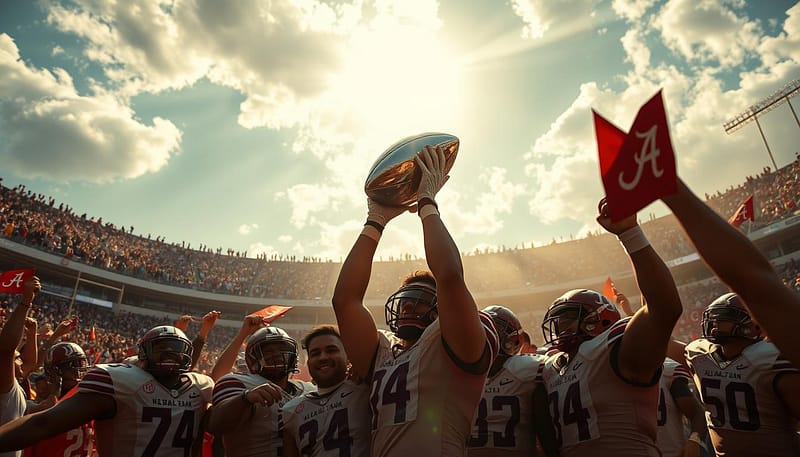 A high-contrast, cinematic image of Alabama NFL players celebrating a Super Bowl victory, with a dynamic, victorious atmosphere. In the foreground, a group of uniformed players hoisting the iconic Lombardi Trophy aloft, their faces filled with exultation. The middle ground features an adoring crowd in the stadium stands, waving Alabama banners and cheering passionately. In the background, a dramatic, sun-dappled skyline frames the scene, casting a warm, golden glow over the triumphant players and their devoted fans. The overall composition conveys a sense of hard-earned triumph, Alabama's storied football legacy, and the immense pride and joy of their NFL champions. A high-contrast, cinematic image of Alabama NFL players celebrating a Super Bowl victory, with a dynamic, victorious atmosphere. In the foreground, a group of uniformed players hoisting the iconic Lombardi Trophy aloft, their faces filled with exultation. The middle ground features an adoring crowd in the stadium stands, waving Alabama banners and cheering passionately. In the background, a dramatic, sun-dappled skyline frames the scene, casting a warm, golden glow over the triumphant players and their devoted fans. The overall composition conveys a sense of hard-earned triumph, Alabama's storied football legacy, and the immense pride and joy of their NFL champions.