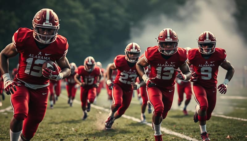 A high-energy scene of Alabama running backs sprinting down a lush, verdant field, their powerful strides captured in a dynamic, cinematic wide-angle perspective. The players' uniforms are rendered in rich, saturated crimson, their muscular physiques accentuated by dramatic, chiaroscuro lighting that casts deep shadows and highlights their determination. The background is blurred, drawing the viewer's focus to the foreground action, where the runners appear to be breaking through the line, their faces set with fierce concentration. An atmosphere of intensity and anticipation permeates the image, hinting at the Crimson Tide's storied Heisman heritage. A high-energy scene of Alabama running backs sprinting down a lush, verdant field, their powerful strides captured in a dynamic, cinematic wide-angle perspective. The players' uniforms are rendered in rich, saturated crimson, their muscular physiques accentuated by dramatic, chiaroscuro lighting that casts deep shadows and highlights their determination. The background is blurred, drawing the viewer's focus to the foreground action, where the runners appear to be breaking through the line, their faces set with fierce concentration. An atmosphere of intensity and anticipation permeates the image, hinting at the Crimson Tide's storied Heisman heritage.
