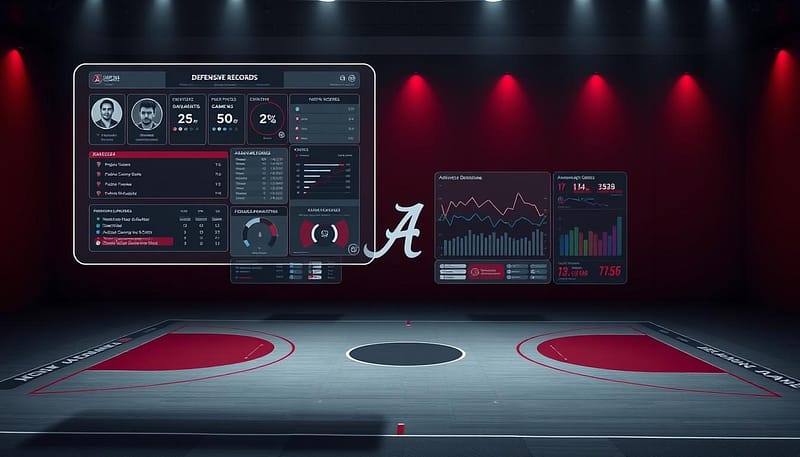 A sleek, futuristic analysis dashboard showcasing the defensive records and stats of the Alabama basketball team. In the foreground, a holographic display hovers, presenting detailed player profiles, game logs, and advanced defensive metrics. The middle ground features a minimalist, monochrome 3D model of the basketball court, with strategically placed data visualizations highlighting key defensive areas. The background blends a subdued palette of deep crimson and charcoal, evoking the Crimson Tide's iconic color scheme. Cinematic lighting casts dramatic shadows, creating a sense of depth and emphasis on the analytical insights. The overall atmosphere conveys a perfect balance of data-driven precision and the storied legacy of Alabama's defensive prowess. A sleek, futuristic analysis dashboard showcasing the defensive records and stats of the Alabama basketball team. In the foreground, a holographic display hovers, presenting detailed player profiles, game logs, and advanced defensive metrics. The middle ground features a minimalist, monochrome 3D model of the basketball court, with strategically placed data visualizations highlighting key defensive areas. The background blends a subdued palette of deep crimson and charcoal, evoking the Crimson Tide's iconic color scheme. Cinematic lighting casts dramatic shadows, creating a sense of depth and emphasis on the analytical insights. The overall atmosphere conveys a perfect balance of data-driven precision and the storied legacy of Alabama's defensive prowess.