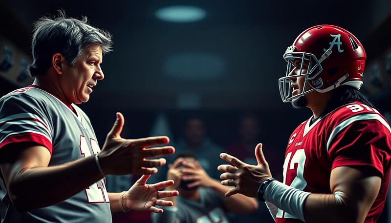 A vibrant, dynamic image showcasing the great Alabama quarterback legends in a heated but respectful debate. The foreground features three iconic signal callers - Ken Stabler, Joe Namath, and Tua Tagovailoa - engrossed in an animated discussion, gesturing passionately as they make their cases for the 'GOAT' title. The middle ground captures the intense focus and competitive spirit, while the background blurs into a dimly lit, nostalgic locker room setting, evoking the storied history of Alabama football. Dramatic side lighting casts dramatic shadows, heightening the sense of drama and rivalry. The overall mood is one of reverence, healthy debate, and the eternal quest to determine the finest quarterback in Crimson Tide lore. A vibrant, dynamic image showcasing the great Alabama quarterback legends in a heated but respectful debate. The foreground features three iconic signal callers - Ken Stabler, Joe Namath, and Tua Tagovailoa - engrossed in an animated discussion, gesturing passionately as they make their cases for the 'GOAT' title. The middle ground captures the intense focus and competitive spirit, while the background blurs into a dimly lit, nostalgic locker room setting, evoking the storied history of Alabama football. Dramatic side lighting casts dramatic shadows, heightening the sense of drama and rivalry. The overall mood is one of reverence, healthy debate, and the eternal quest to determine the finest quarterback in Crimson Tide lore.