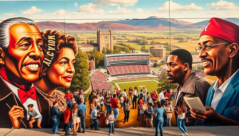 A vibrant mural depicting the cultural impact of Alabama's famous alumni, set against a backdrop of the state's iconic landmarks. In the foreground, larger-than-life portraits of renowned figures like Hank Williams, Harper Lee, and Jesse Owens, each emblematic of their respective fields. The middle ground showcases students and community members engaging in activities that reflect the state's rich heritage, from live music performances to literary discussions. In the distance, the towering Bryant-Denny Stadium and the rolling hills of the Alabama countryside, symbolizing the enduring legacy of the Crimson Tide and its influence on the broader society. The scene is bathed in warm, golden light, conveying a sense of pride, tradition, and the enduring impact of Alabama's most celebrated sons and daughters. A vibrant mural depicting the cultural impact of Alabama's famous alumni, set against a backdrop of the state's iconic landmarks. In the foreground, larger-than-life portraits of renowned figures like Hank Williams, Harper Lee, and Jesse Owens, each emblematic of their respective fields. The middle ground showcases students and community members engaging in activities that reflect the state's rich heritage, from live music performances to literary discussions. In the distance, the towering Bryant-Denny Stadium and the rolling hills of the Alabama countryside, symbolizing the enduring legacy of the Crimson Tide and its influence on the broader society. The scene is bathed in warm, golden light, conveying a sense of pride, tradition, and the enduring impact of Alabama's most celebrated sons and daughters.
