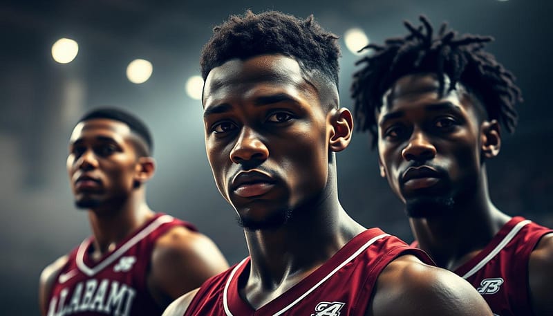 A close-up portrait of three Alabama basketball players, their faces lit with determination and energy, standing in a dimly lit, gritty court setting. The foreground focuses on their intense expressions, showcasing their raw talent and potential. The middle ground reveals their athletic builds and uniforms, hinting at their transformation from role players to dynamic stars. The background is a hazy, atmospheric rendering of the basketball court, with subtle textures and shadows creating a sense of depth and drama. The lighting is moody and dramatic, casting dramatic shadows and highlights that accentuate the players' features and movements. The overall tone conveys the excitement and anticipation of these players' breakout seasons, where they seize the opportunity to shine and lead their team to new heights. A close-up portrait of three Alabama basketball players, their faces lit with determination and energy, standing in a dimly lit, gritty court setting. The foreground focuses on their intense expressions, showcasing their raw talent and potential. The middle ground reveals their athletic builds and uniforms, hinting at their transformation from role players to dynamic stars. The background is a hazy, atmospheric rendering of the basketball court, with subtle textures and shadows creating a sense of depth and drama. The lighting is moody and dramatic, casting dramatic shadows and highlights that accentuate the players' features and movements. The overall tone conveys the excitement and anticipation of these players' breakout seasons, where they seize the opportunity to shine and lead their team to new heights.