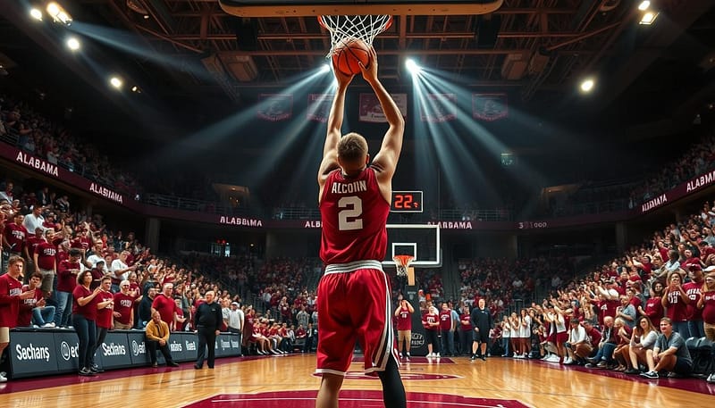 A clutch basketball performance in the heart of Tuscaloosa, Alabama. The player, in a crisp crimson jersey, rises up for a game-winning shot, the clock winding down. Beams of stadium lighting cast dramatic shadows, heightening the tension. Loyal fans, their faces a blur of excitement, fill the stands, creating an electric atmosphere. The court's sleek wooden surface reflects the action, adding depth and drama to the scene. A hush falls over the crowd as the ball arcs gracefully towards the hoop, capturing a decisive moment in the storied history of Alabama basketball's fiercest rivalries. A clutch basketball performance in the heart of Tuscaloosa, Alabama. The player, in a crisp crimson jersey, rises up for a game-winning shot, the clock winding down. Beams of stadium lighting cast dramatic shadows, heightening the tension. Loyal fans, their faces a blur of excitement, fill the stands, creating an electric atmosphere. The court's sleek wooden surface reflects the action, adding depth and drama to the scene. A hush falls over the crowd as the ball arcs gracefully towards the hoop, capturing a decisive moment in the storied history of Alabama basketball's fiercest rivalries.