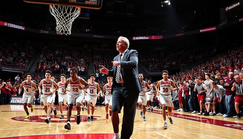 A dramatic basketball arena scene featuring the Alabama Crimson Tide team in action. In the foreground, a group of intense, focused players drive towards the hoop, their faces determined and their movements fluid. The mid-ground showcases the head coach pacing the sideline, arms crossed, intently directing the team. In the background, the roaring crowd fills the arena, creating an electric atmosphere of excitement and anticipation. Dramatic, high-contrast lighting casts dramatic shadows, emphasizing the tension and drama of the moment. The scene conveys the clutch, high-stakes performances of Alabama's standout players and coaching staff during their deep NCAA tournament runs. A dramatic basketball arena scene featuring the Alabama Crimson Tide team in action. In the foreground, a group of intense, focused players drive towards the hoop, their faces determined and their movements fluid. The mid-ground showcases the head coach pacing the sideline, arms crossed, intently directing the team. In the background, the roaring crowd fills the arena, creating an electric atmosphere of excitement and anticipation. Dramatic, high-contrast lighting casts dramatic shadows, emphasizing the tension and drama of the moment. The scene conveys the clutch, high-stakes performances of Alabama's standout players and coaching staff during their deep NCAA tournament runs.