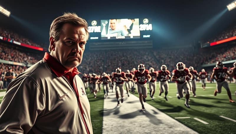 A dramatic, cinematic scene of the Alabama football dynasty under head coach Nick Saban. In the foreground, a determined Saban stalks the sideline, his piercing gaze commanding the players. In the middle ground, the Crimson Tide offense surges forward, offensive linemen clearing a path for a powerful running back. In the background, a packed Bryant-Denny Stadium roars with excitement, the scoreboard showcasing Alabama's dominance. Dramatic lighting casts dramatic shadows, evoking the intensity and high stakes of Alabama's championship-winning performances. The scene conveys the aura of Alabama's unparalleled success, the relentless pursuit of excellence, and the unwavering commitment to winning that has defined the Saban era. A dramatic, cinematic scene of the Alabama football dynasty under head coach Nick Saban. In the foreground, a determined Saban stalks the sideline, his piercing gaze commanding the players. In the middle ground, the Crimson Tide offense surges forward, offensive linemen clearing a path for a powerful running back. In the background, a packed Bryant-Denny Stadium roars with excitement, the scoreboard showcasing Alabama's dominance. Dramatic lighting casts dramatic shadows, evoking the intensity and high stakes of Alabama's championship-winning performances. The scene conveys the aura of Alabama's unparalleled success, the relentless pursuit of excellence, and the unwavering commitment to winning that has defined the Saban era.