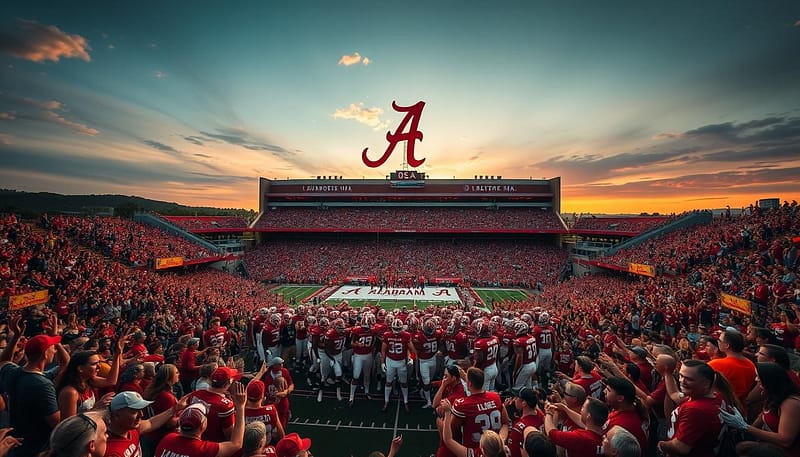 A dramatic, high-angle view of Bryant-Denny Stadium in Tuscaloosa, Alabama, as the sun sets over the storied field. In the foreground, a dedicated crowd of crimson-clad fans erupts in thunderous cheers, their faces etched with determination and unwavering support. In the middle ground, the players of the Alabama Crimson Tide football team, led by their fearless quarterback, rally together, their body language conveying a palpable sense of resilience and unwavering will to overcome any obstacle. In the background, the iconic Alabama script logo stands tall, a symbol of the team's rich history and the legacy of comeback culture that has defined its gridiron dominance. A dramatic, high-angle view of Bryant-Denny Stadium in Tuscaloosa, Alabama, as the sun sets over the storied field. In the foreground, a dedicated crowd of crimson-clad fans erupts in thunderous cheers, their faces etched with determination and unwavering support. In the middle ground, the players of the Alabama Crimson Tide football team, led by their fearless quarterback, rally together, their body language conveying a palpable sense of resilience and unwavering will to overcome any obstacle. In the background, the iconic Alabama script logo stands tall, a symbol of the team's rich history and the legacy of comeback culture that has defined its gridiron dominance.