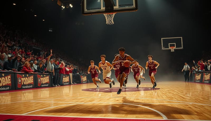 A dramatic, high-energy basketball court under dramatic, cinematic lighting. In the foreground, a lone player drives powerfully towards the hoop, ball gripped with determination. Fans erupt in the stands behind, their faces animated with excitement. In the middle ground, teammates rush to support, their movements blurred with speed. The background fades into a hazy, moody atmosphere, the court's boundaries indistinct. Vibrant colors and deep shadows create a sense of intensity and gravitas, as if capturing a pivotal, unforgettable moment in Crimson Tide basketball history. A dramatic, high-energy basketball court under dramatic, cinematic lighting. In the foreground, a lone player drives powerfully towards the hoop, ball gripped with determination. Fans erupt in the stands behind, their faces animated with excitement. In the middle ground, teammates rush to support, their movements blurred with speed. The background fades into a hazy, moody atmosphere, the court's boundaries indistinct. Vibrant colors and deep shadows create a sense of intensity and gravitas, as if capturing a pivotal, unforgettable moment in Crimson Tide basketball history.