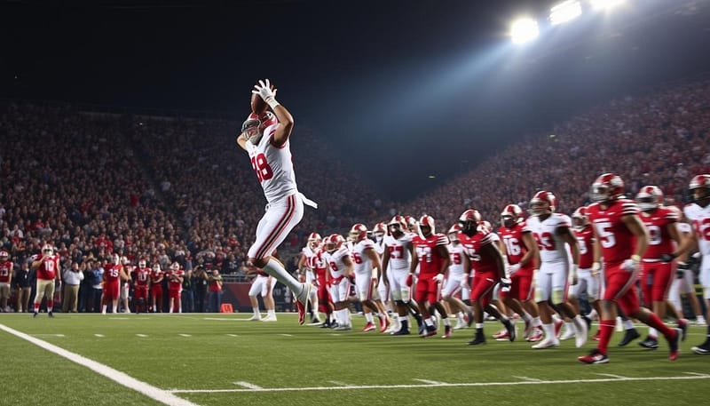 A dramatic, high-stakes football game unfolds on a dimly lit field. In the foreground, a Alabama player makes a miraculous catch in the final seconds, their body stretched out in mid-air, the football cradled tightly against their chest. Surrounding them, their teammates erupt in celebration, arms raised, faces alight with triumph. In the middle ground, the opposing team's players react with dismay, heads bowed, bodies slumped in defeat. The background is a blur of motion, capturing the intensity of the moment - the roar of the crowd, the flash of stadium lights, the tension of the final seconds ticking away. The scene is imbued with a sense of electrifying suspense and the thrill of an unexpected, against-all-odds victory. A dramatic, high-stakes football game unfolds on a dimly lit field. In the foreground, a Alabama player makes a miraculous catch in the final seconds, their body stretched out in mid-air, the football cradled tightly against their chest. Surrounding them, their teammates erupt in celebration, arms raised, faces alight with triumph. In the middle ground, the opposing team's players react with dismay, heads bowed, bodies slumped in defeat. The background is a blur of motion, capturing the intensity of the moment - the roar of the crowd, the flash of stadium lights, the tension of the final seconds ticking away. The scene is imbued with a sense of electrifying suspense and the thrill of an unexpected, against-all-odds victory.